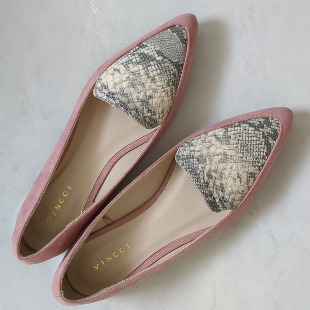 Vincci Suade flats (rose and snake skin) size 5